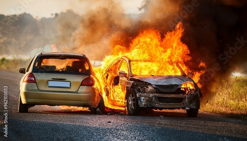 Burning damaged car on road after accident Wrecked cars on fire with flame Smashed, crushed
