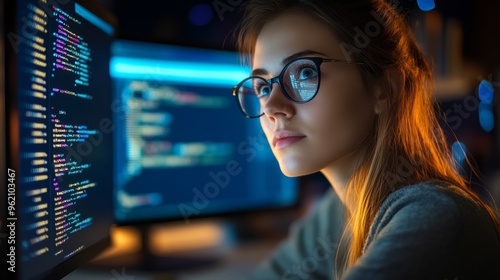 Female programmer working on coding software at night in front of screens. Represents programming and software development.