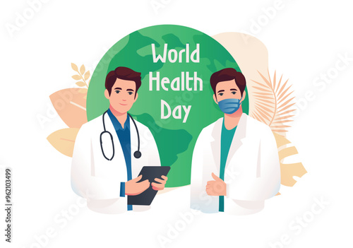 Two doctors concept with people scene in the flat cartoon style. This illustration shows World Health Day with health workers, one with a stethoscope and the other with a mask. Vector illustration.