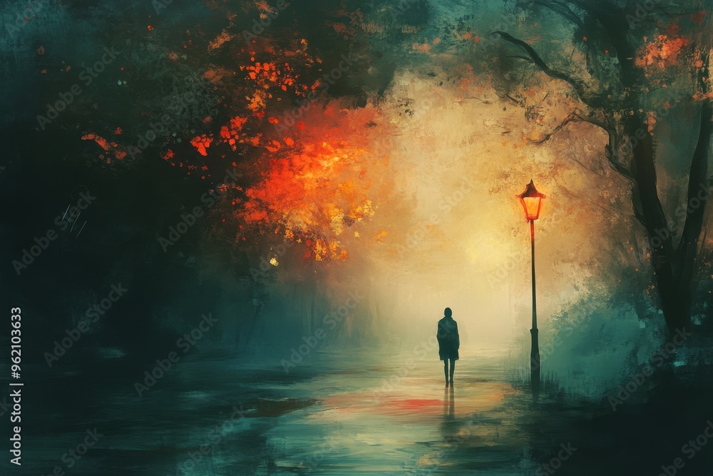 Solitary Figure Walking Under a Streetlight in a Foggy Forest Solitary Figure Walking Under a Streetlight in a Foggy Forest