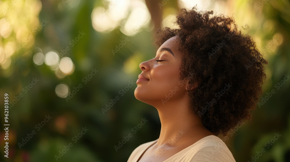 Finding Inner Peace: African American Plus-Size Woman Practicing Breathwork in Serene Garden Setting | Realistic Overlay of Mindfulness and Self-Acceptance Finding Inner Peace: African American Plus-Size Woman Practicing Breathwork in Serene Garden Setting | Realistic Overlay of Mindfulness and Self-Acceptance