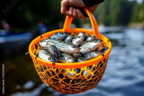 Fishing bait bucket, full of life, ready for the catch holds your live bait, wriggling and ready to attract fish photo