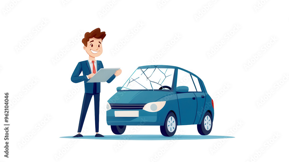 A cheerful man inspecting a damaged car, using a clipboard. Ideal for automotive insurance or car repair themes. PNG, transparent, no background, Car accident, Insurance A cheerful man inspecting a damaged car, using a clipboard. Ideal for automotive insurance or car repair themes. PNG, transparent, no background, Car accident, Insurance