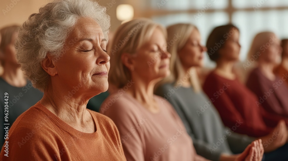 Fototapeta premium Serene Harmony: Diverse Senior Group Embracing Mindfulness Meditation Together in Whimsical Peaceful Hall for Collective Calm and Wellness