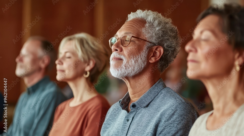 Fototapeta premium Harmony in Diversity: Seniors Finding Collective Calm in Mindfulness Meditation Session at Peaceful Hall (Whimsical Multilayer Concept)