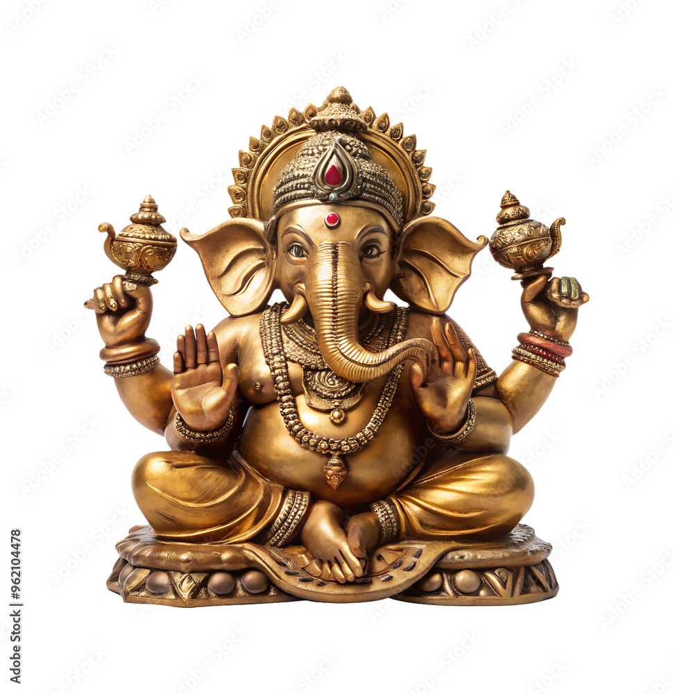 Jewelry-adorned golden Ganesh statue, cut out transparent Jewelry-adorned golden Ganesh statue, cut out transparent
