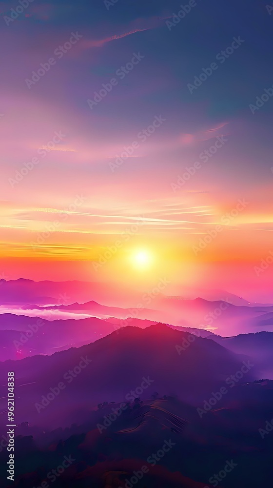 A vibrant sunset over mountain ranges, casting colorful hues in the sky and landscape. A vibrant sunset over mountain ranges, casting colorful hues in the sky and landscape.