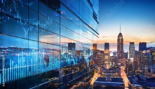 Double Exposure of Financial District with Business Charts and Glowing Cityscape Reflections During Dusk Depicting Market Trends and Urban Growth Potential
