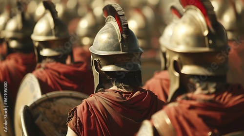 A group of ancient warriors in helmets and cloaks, preparing for battle in a historical setting.