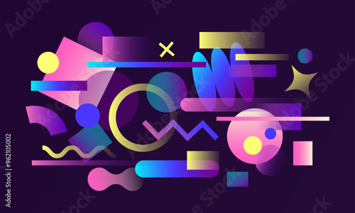 Playful 80s background with geometric vector shapes and elements. Colorful abstract composition in Memphis style