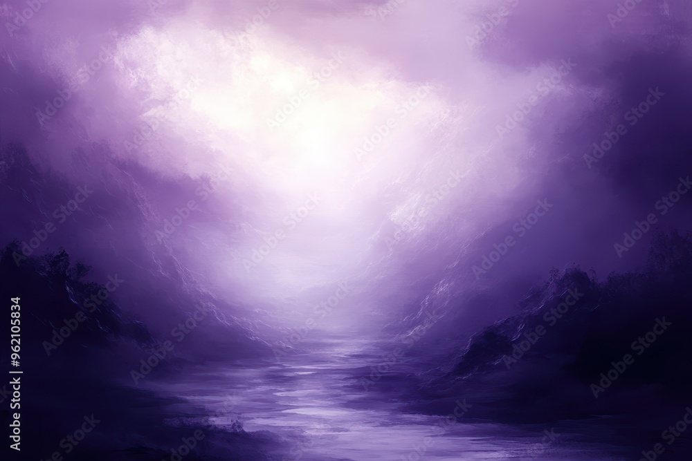 Naklejka premium A River Flowing Through a Purple Misty Mountain Valley