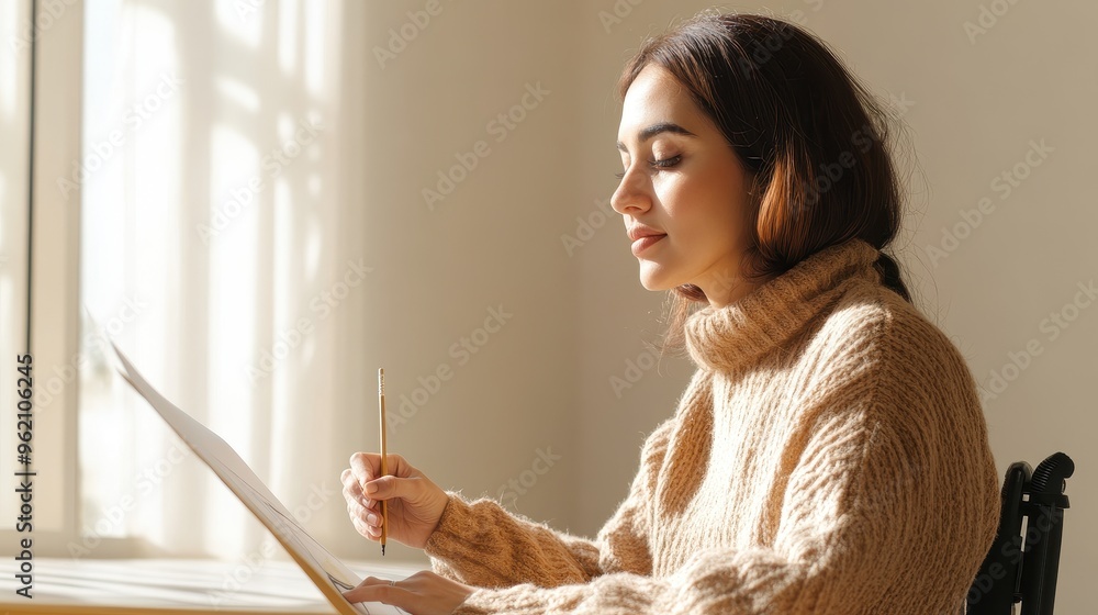 Inner Peace in Creativity: Middle Eastern Woman with Disability Practicing Mindful Drawing in Serene Ethereal Space Inner Peace in Creativity: Middle Eastern Woman with Disability Practicing Mindful Drawing in Serene Ethereal Space