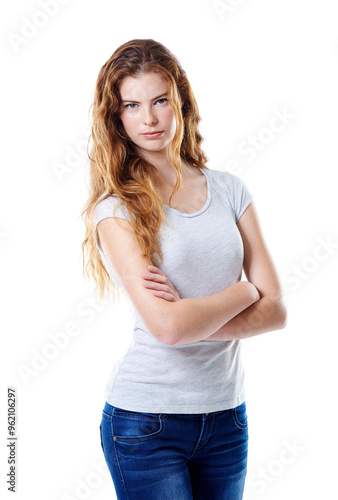 Portrait, woman and fashion with confidence, hair care or positivity on white background. Female person, style and trendy in arms crossed, serious and casual in outfit, clothes and pride as student