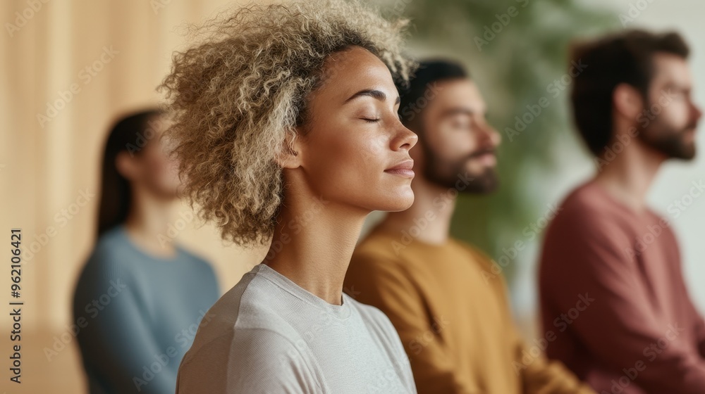 Inclusive Mindfulness: Diverse Group Practicing Breathwork Together in a Peaceful Room Inclusive Mindfulness: Diverse Group Practicing Breathwork Together in a Peaceful Room