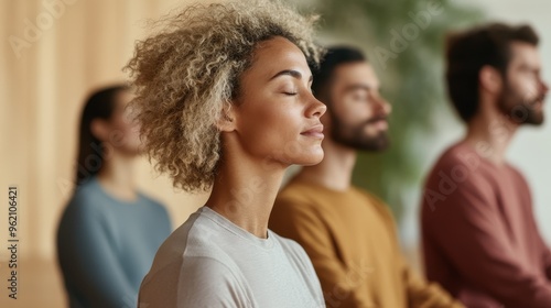 Inclusive Mindfulness: Diverse Group Practicing Breathwork Together in a Peaceful Room