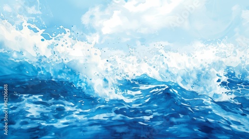 A dynamic digital illustration of a wave in motion, showcasing vibrant blue tones and realistic water splashes. Perfect for projects related to nature, energy, and environmental concepts.