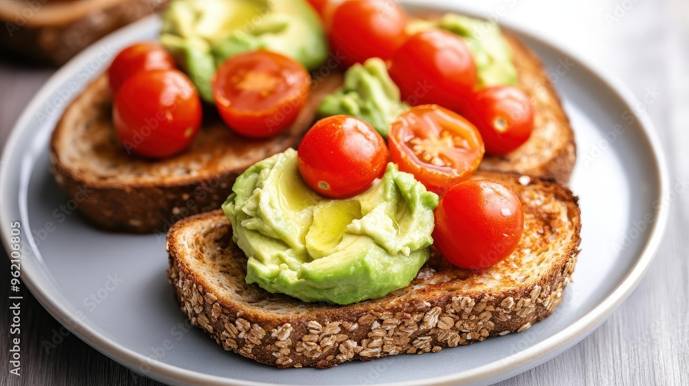 Whole grain toast topped with smashed avocado and cherry tomatoes, brain-boosting breakfast, simple and healthy Whole grain toast topped with smashed avocado and cherry tomatoes, brain-boosting breakfast, simple and healthy