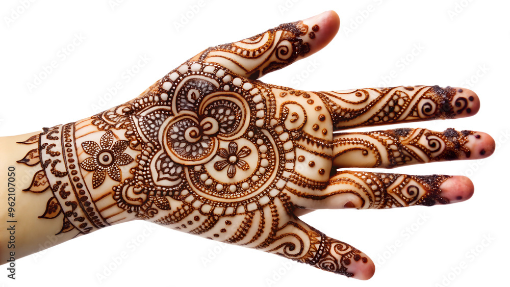 Obraz premium Intricate henna designs on a hand in daylight, cut out transparent