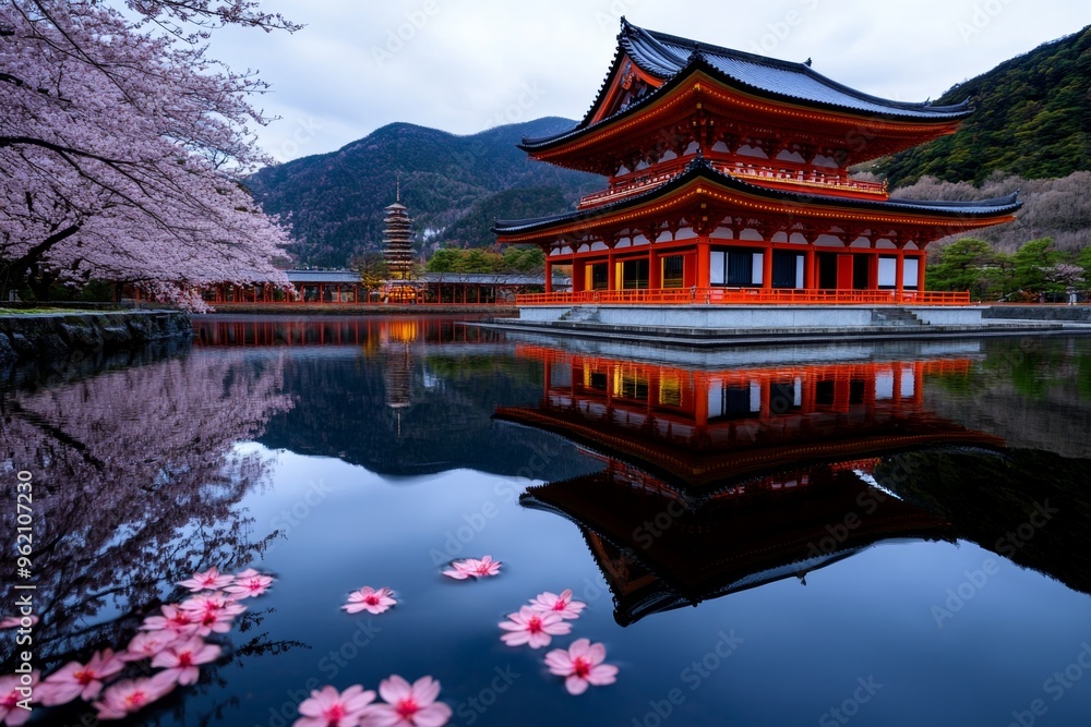 Naklejka premium Honeymoon in Japan, cherry blossoms, peaceful temples offers serenity and beauty in a country rich with culture and natural wonders