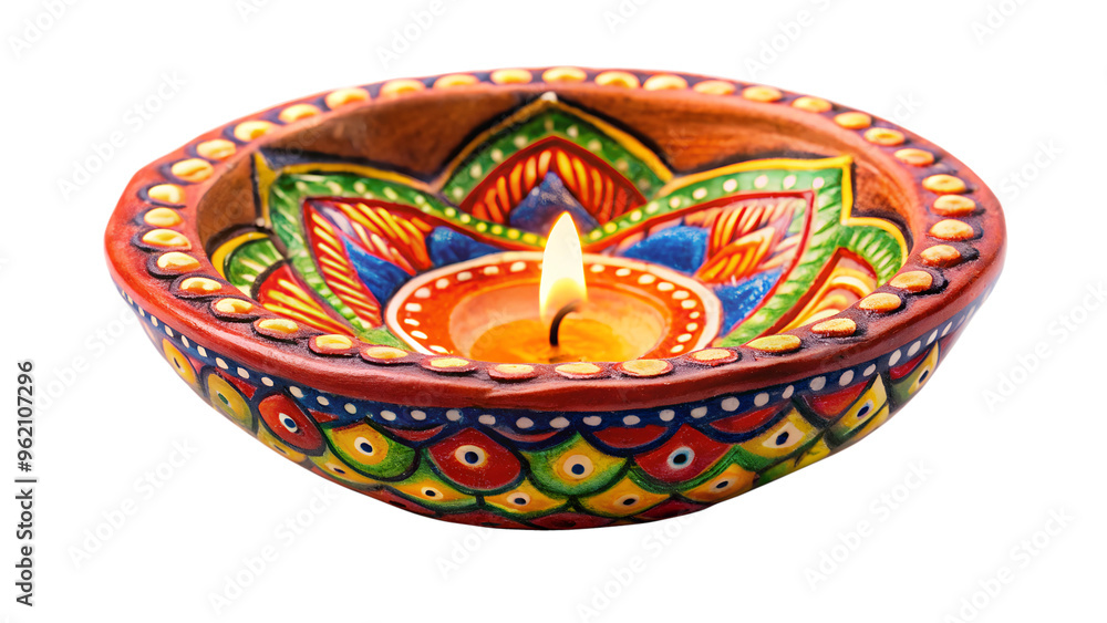 Vibrant, beautifully crafted festival diya, cut out transparent Vibrant, beautifully crafted festival diya, cut out transparent