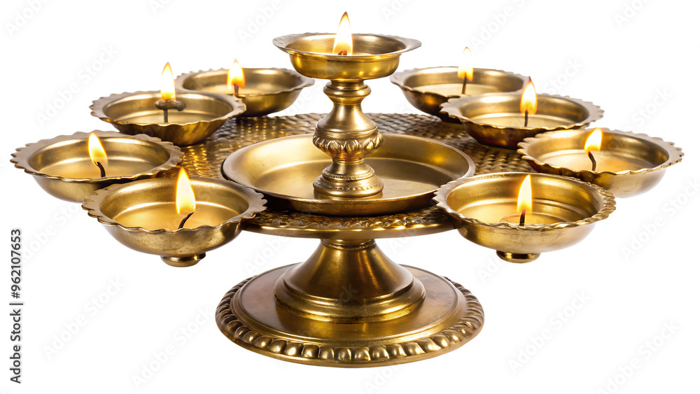Brass lamp with glowing oil bowls, cut out transparent Brass lamp with glowing oil bowls, cut out transparent