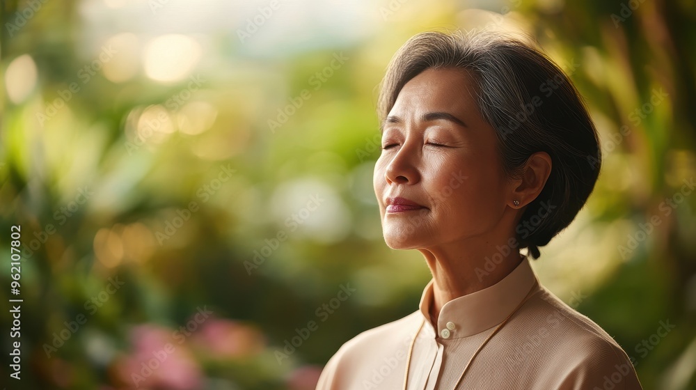 Serene Asian Woman Practicing Mindful Breathing in Tranquil Garden Setting | Inner Peace and Calm Concept Serene Asian Woman Practicing Mindful Breathing in Tranquil Garden Setting | Inner Peace and Calm Concept