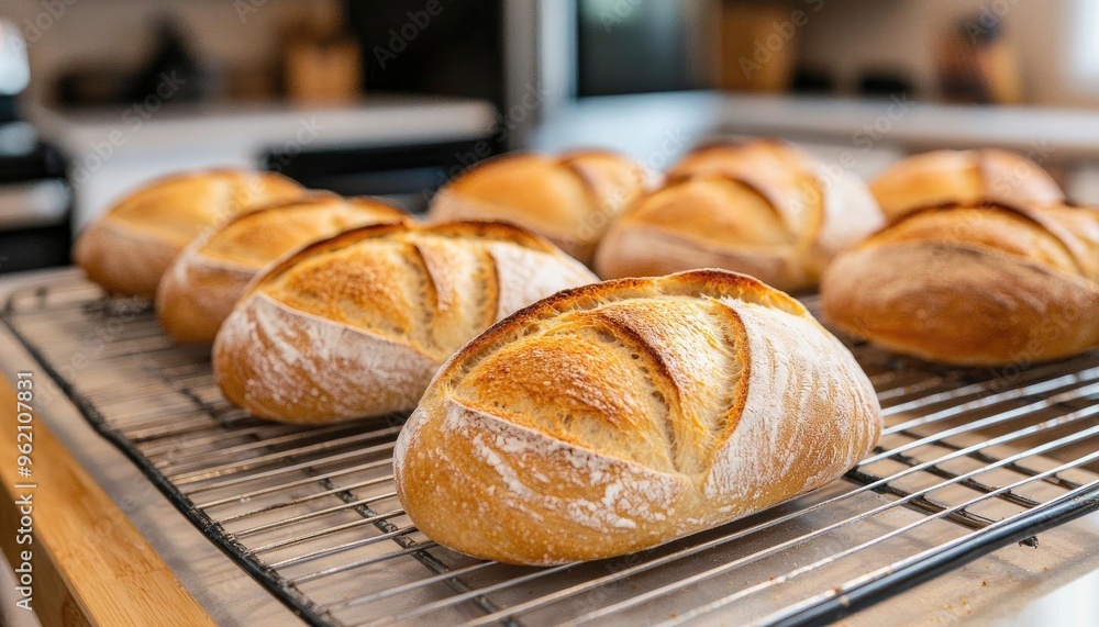 Freshly baked artisanal bread loaves cooling on a wire rack in a cozy kitchen, perfect for culinary and food photography. Freshly baked artisanal bread loaves cooling on a wire rack in a cozy kitchen, perfect for culinary and food photography.
