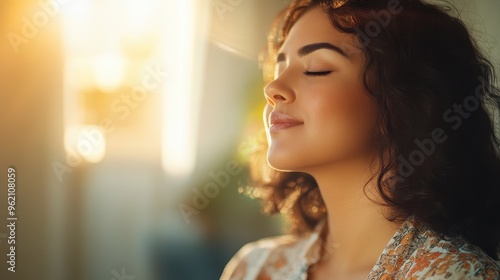 Serene Moment of Reflection: Plus-Size Middle Eastern Woman Embracing Inner Peace in Sunlit Whimsical Room with Double Exposure Effect