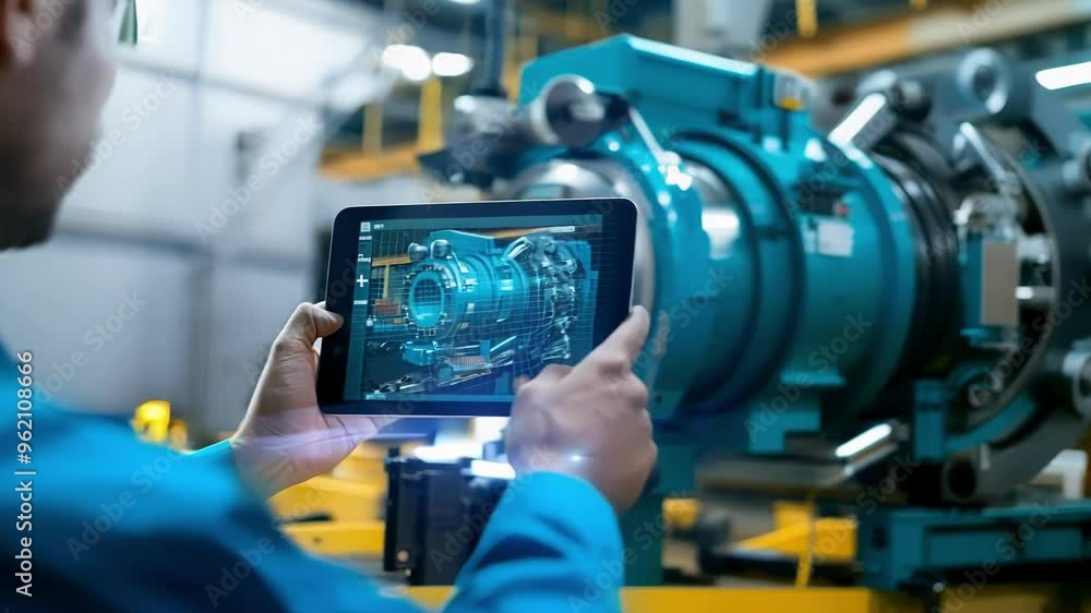 Engineer uses augmented reality to view a 3d turbine engine model on a tablet, showcasing advanced technology in industrial design and maintenance Engineer uses augmented reality to view a 3d turbine engine model on a tablet, showcasing advanced technology in industrial design and maintenance