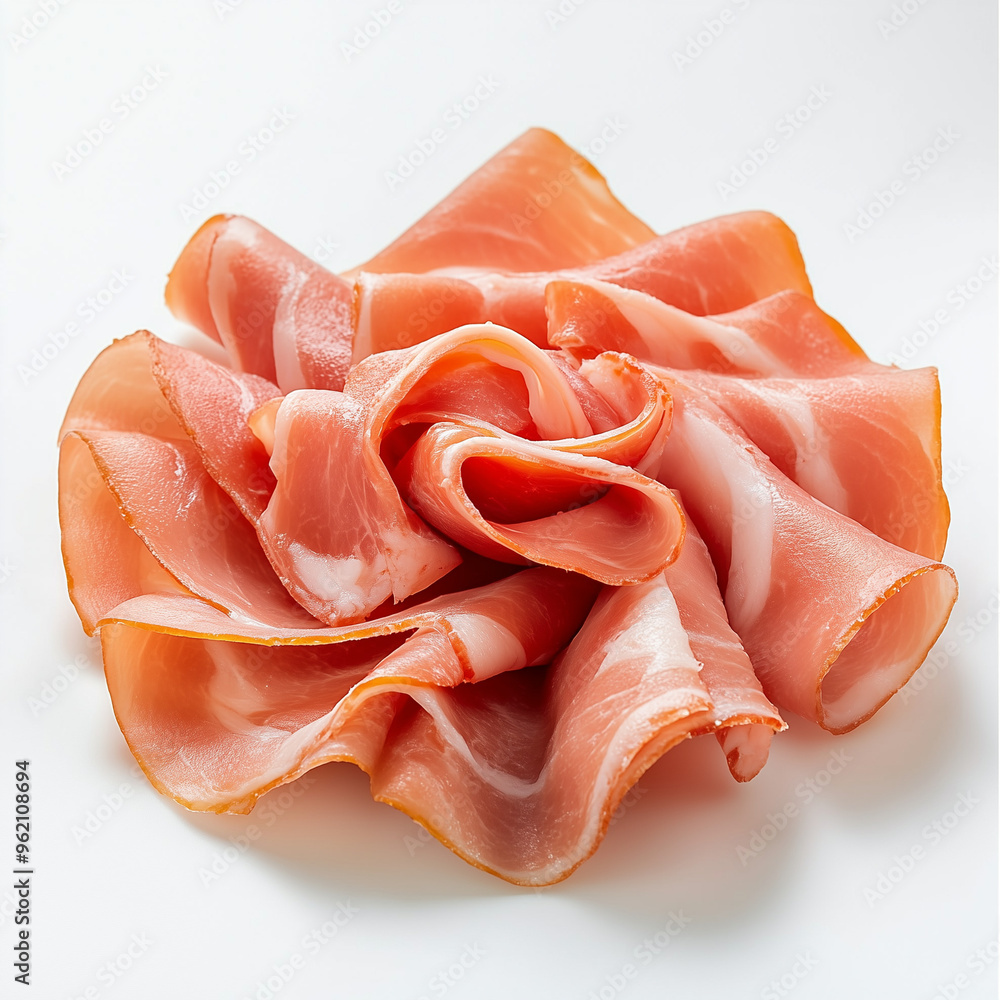 Thinly Sliced Prosciutto Ham Artfully Arranged on White Background Thinly Sliced Prosciutto Ham Artfully Arranged on White Background