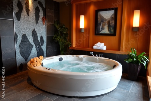 Hotel room, jacuzzi tub, spa-like experience features a large, luxurious tub for a relaxing soak after a long day photo