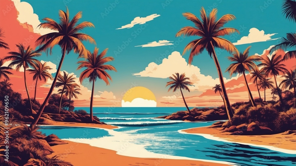 Illustration exotic beach pop art style Illustration exotic beach pop art style