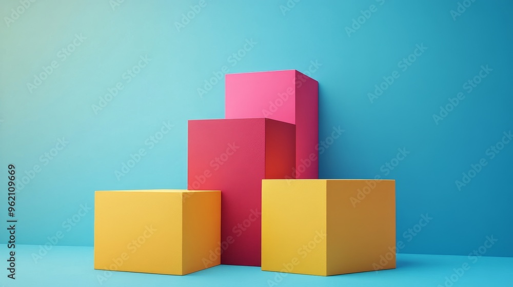 A blue wall with four pink and yellow boxes stacked on top of each other A blue wall with four pink and yellow boxes stacked on top of each other