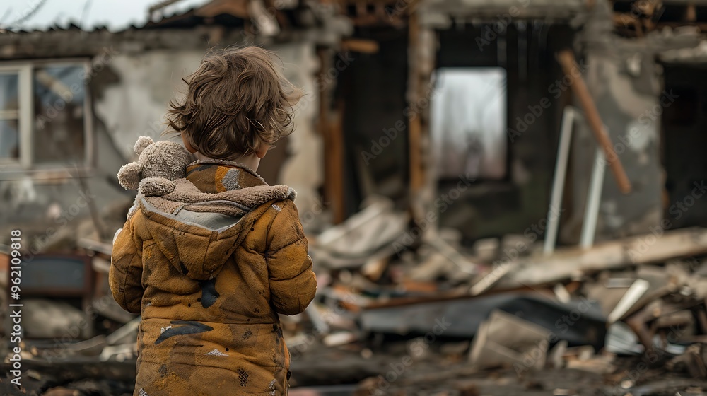 Child stands in front of a destroyed home, holding a stuffed animal. Child stands in front of a destroyed home, holding a stuffed animal.