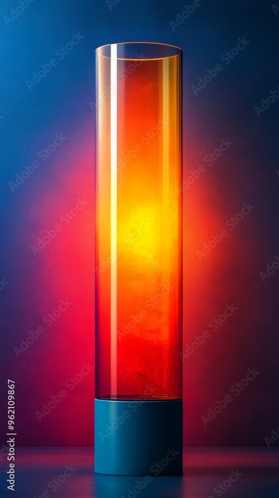 A tall, orange and red lamp with a blue base A tall, orange and red lamp with a blue base