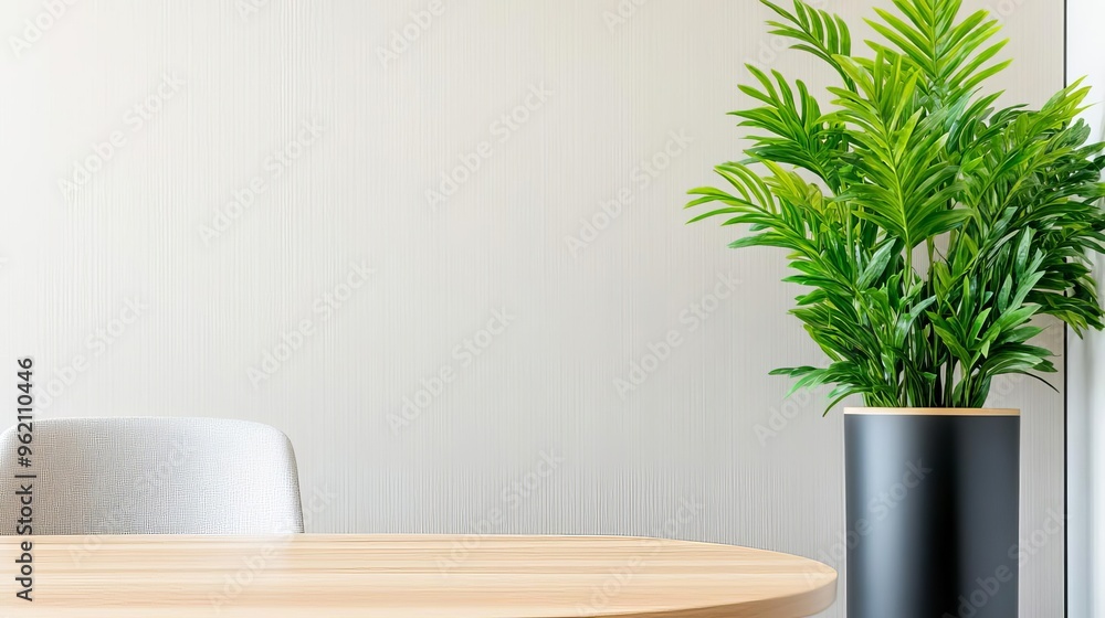 Bright, modern office with minimalist furnishings, neutral tones, and green plants, promoting a sense of calm Bright, modern office with minimalist furnishings, neutral tones, and green plants, promoting a sense of calm