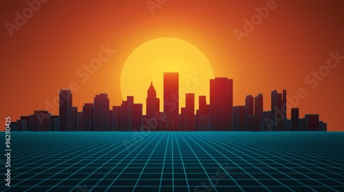 Digital neon skyline with bright blue grid lines front view visualizing a virtual urban future advanced tone vivid