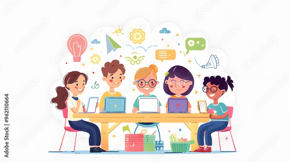 Happy Children Using Laptops and Tablets for Education and Fun Happy Children Using Laptops and Tablets for Education and Fun