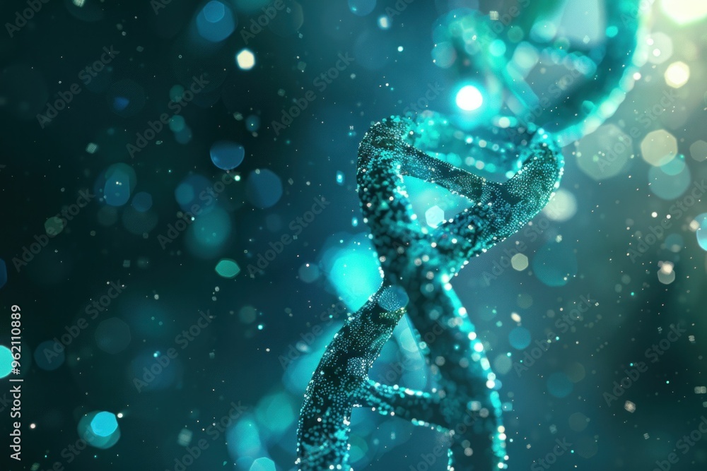 Abstract close up of a DNA double helix with glowing blue and turquoise particles in a dark background, symbolizing genetics and molecular biology