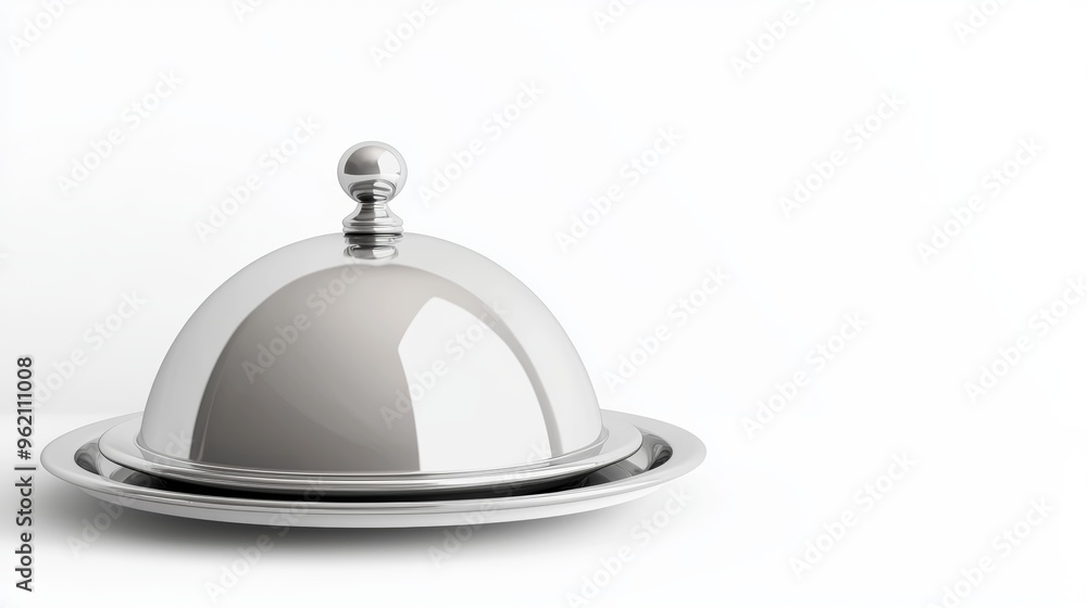 Floating cloche and platter, stainless steel texture, isolated on white, 3D illustration Floating cloche and platter, stainless steel texture, isolated on white, 3D illustration