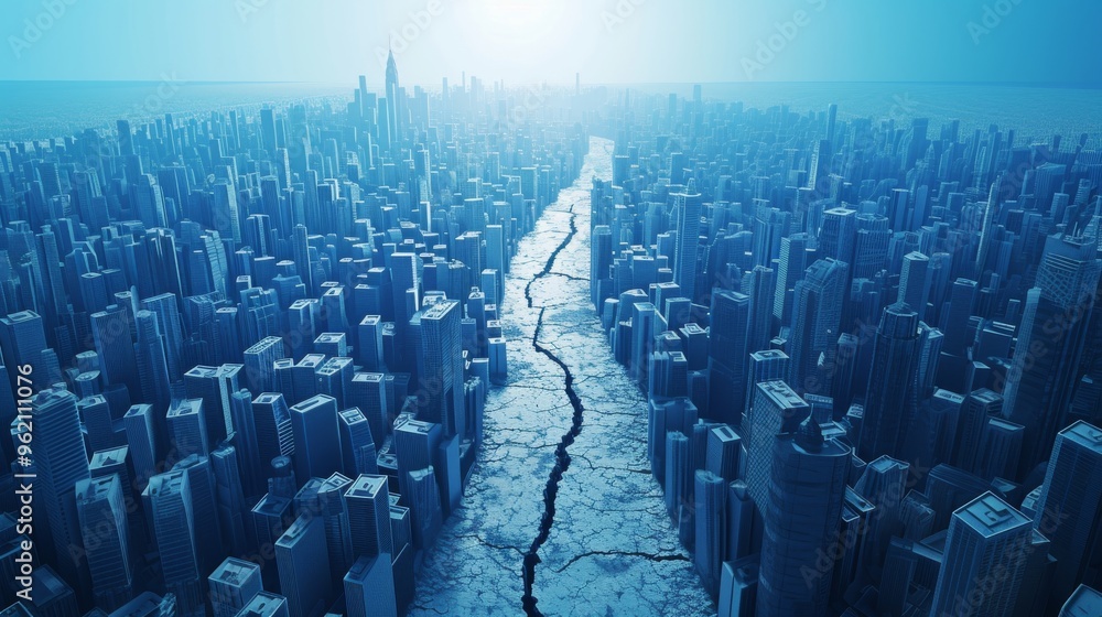 Obraz premium Aerial view of a futuristic city split by a massive crack, symbolizing a catastrophic earthquake or urban collapse. The scene is bathed in a surreal blue hue, enhancing the apocalyptic atmosphere and