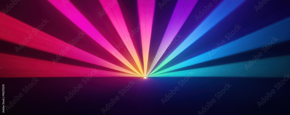 Obraz premium Dazzling light rays fanning out from a central source, rainbow colors, dramatic concert setting, vibrant and energetic