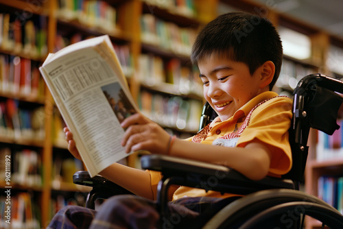 Happy young disabled mixed race school student in wheelchair reading a library book. African american child with disability learning. Inclusive & diverse education 