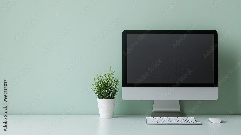 Minimalist desk setup with a sleek computer, white keyboard, and a small plant, promoting a fresh and clean work environment Minimalist desk setup with a sleek computer, white keyboard, and a small plant, promoting a fresh and clean work environment