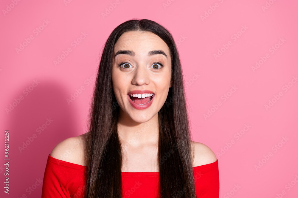 Portrait of pretty young woman open mouth empty space red shirt isolated on pink color background Portrait of pretty young woman open mouth empty space red shirt isolated on pink color background