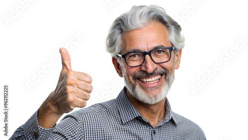 Happy elderly man giving a thumbs up indoors, cut out transparent