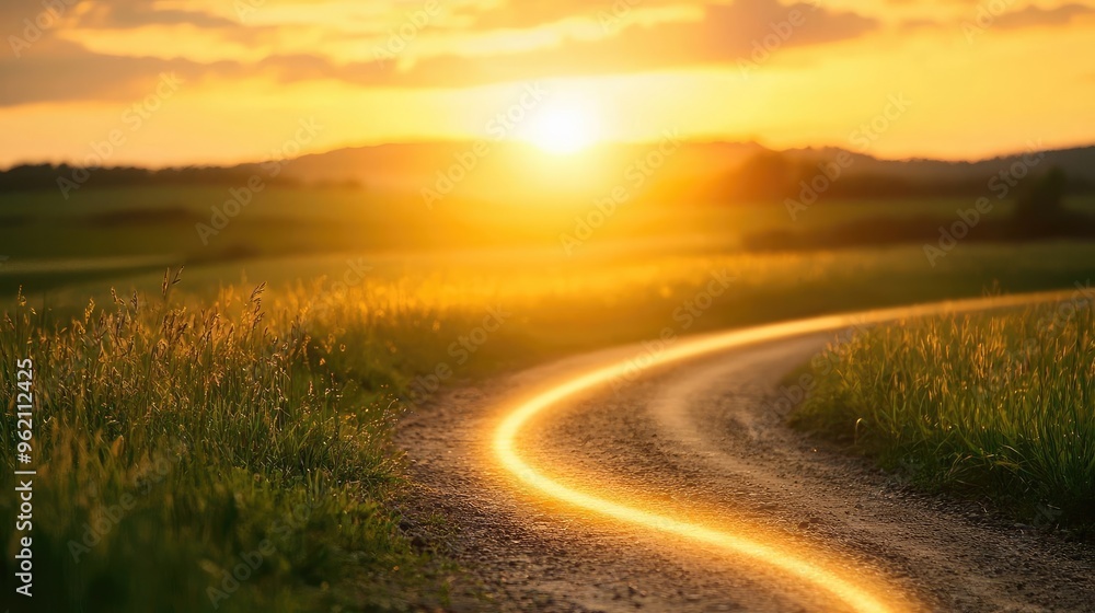 A serene sunset over a winding path, illuminating fields with warm golden light, inviting exploration and tranquility. A serene sunset over a winding path, illuminating fields with warm golden light, inviting exploration and tranquility.