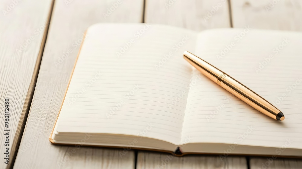 An elegant notebook with blank pages and a golden pen resting on it, perfect for writing notes or journaling. An elegant notebook with blank pages and a golden pen resting on it, perfect for writing notes or journaling.