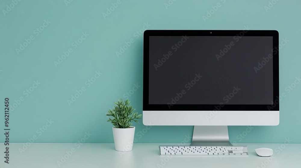 Minimalist desk setup with a sleek computer, white keyboard, and a small plant, promoting a fresh and clean work environment Minimalist desk setup with a sleek computer, white keyboard, and a small plant, promoting a fresh and clean work environment