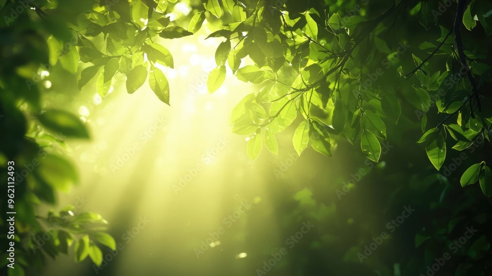 Obraz premium Sunlight filters through lush green leaves, creating a serene and tranquil atmosphere in a forest setting.